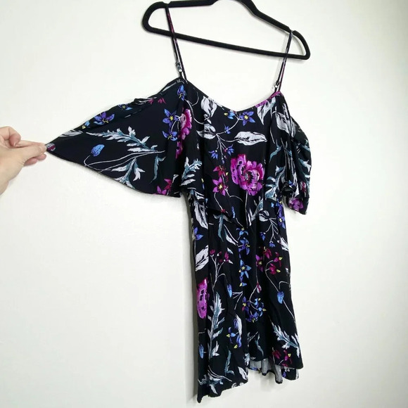 Express XS Floral Cold Shoulder Tank Dress Black Purple Blue Summer Vacation - Picture 3 of 9